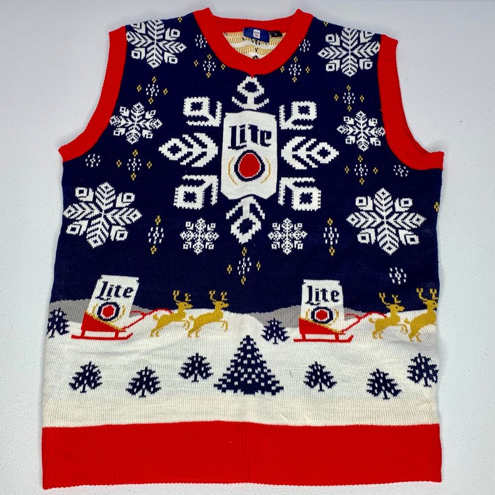 Miller Lite Ugly Christmas Sweater Vest Men's S Beer Holiday Fair Isle Navy Red